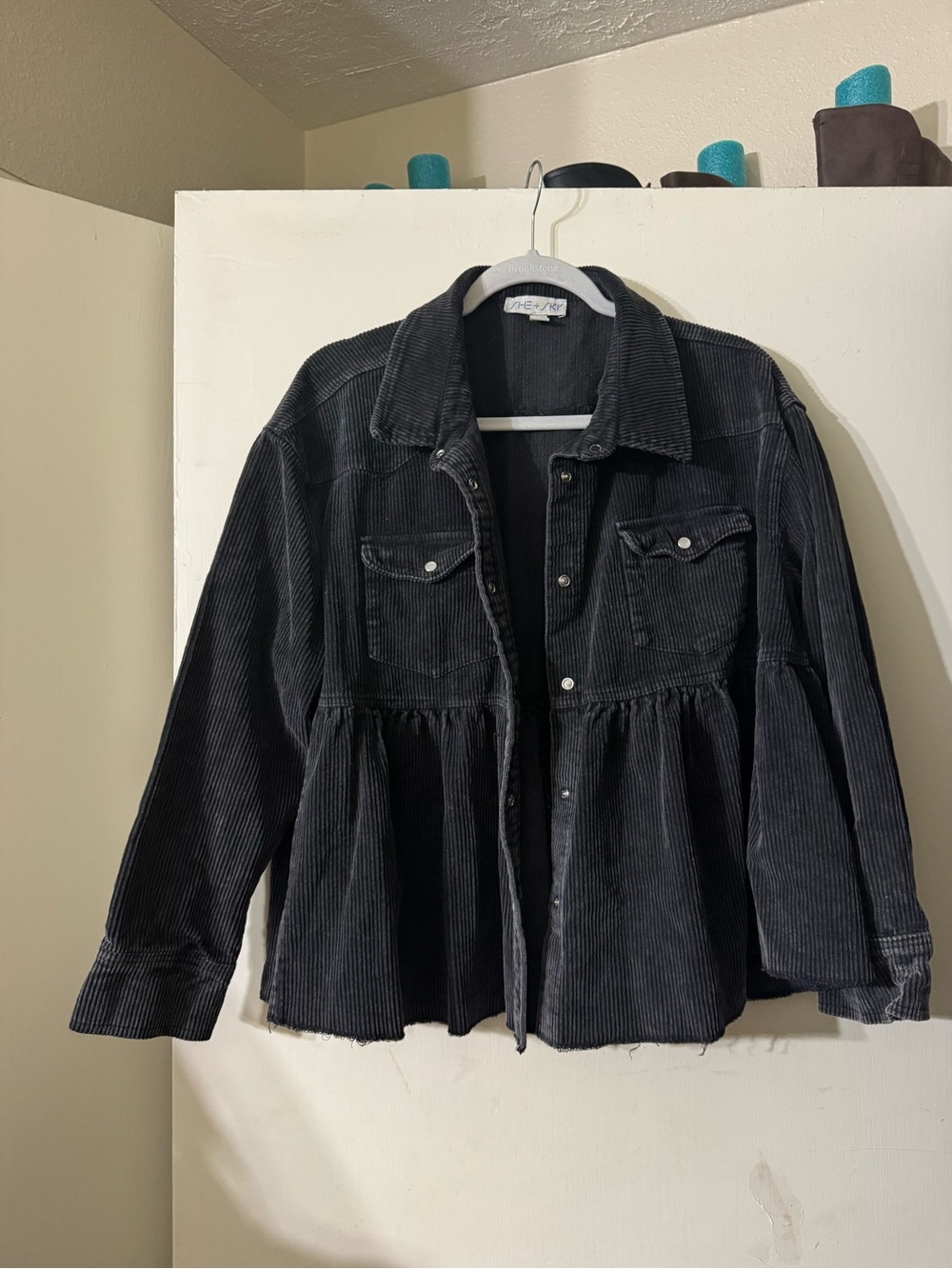She + Sky Black Corduroy Peplum Jean Jacket